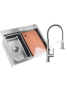SET Chiuveta SanDonna HD6050 din inox handmade cu dozator de sapun si tavita de scurgere + Baterie flexibila SanDonna MONA crom