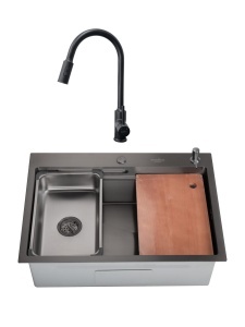 SET Chiuveta SanDonna HD7050 negru din inox cu dozator de sapun, tavita de scurgere si tocator + Baterie cu dus extractabil SanDonna Cami negru-mat