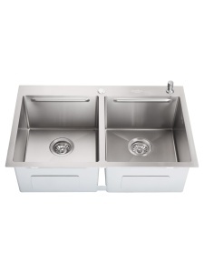 Chiuveta de bucatarie handmade Sandonna HD7850DR din inox cu 2 cuve, tavite si dispenser de sapun + Baterie flexibila Sandonna Mona crom - Img 3