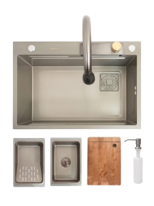 Chiuveta de bucatarie multifunctionala handmade din inox Sandonna HD6850 cu baterie, tavite de scurgere si dispenser de sapun - Img 12