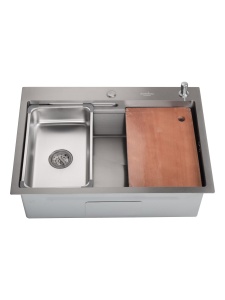 SET Chiuveta SanDonna HD7050 auriu din inox handmade cu dozator de sapun, tavita de scurgere si tocator + Baterie flexibila SanDonna Mona - Img 2