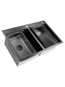 Chiuveta de bucatarie handmade Sandonna HD7850DR cu 2 cuve, tavite si dispenser de sapun + Baterie Charlotte cu dus extractabil - Img 2