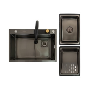 Chiuveta de bucatarie multifunctionala handmade din inox Sandonna HD6850 cu baterie, tavite de scurgere si dispenser de sapun - Img 9