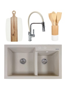 PACHET Chiuveta de bucatarie din granit compozit cu 2 cuve Edyta + Baterie flexibila Andra alb + tocator + ustensile din bambus pentru gatit - Img 13