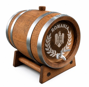Butoi pentru vin/coniac/whisky, fabricat din stejar natural cu pereti din sticla si suport