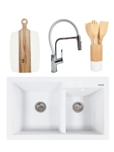 PACHET Chiuveta de bucatarie din granit compozit cu 2 cuve Edyta + Baterie flexibila Andra alb + tocator + ustensile din bambus pentru gatit