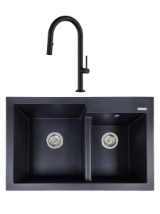 SET Chiuveta granit compozit SanDonna Edyta negru cu 2 cuve + Baterie cu dus extractabil Charlotte negru