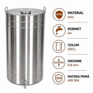 Butoi pentru vin din inox 200 L cu robinet