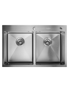Chiuveta de bucatarie handmade Sandonna HD7850DR din inox cu 2 cuve, tavite si dispenser de sapun + Baterie flexibila Sandonna Mona crom - Img 4