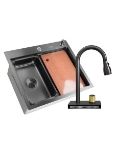 SET Chiuveta SanDonna HD6050 din inox handmade cu dozator de sapun, tocator si tavita de scurgere + Baterie multifunctionala SanDonna Aster cu cascada si dus extractabil