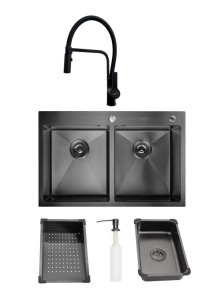 SET Chiuveta SanDonna HD7850DR din inox handmade cu 2 cuve, dozator de sapun, tavita de scurgere + Baterie flexibila SanDonna ANDRA - Negru Total