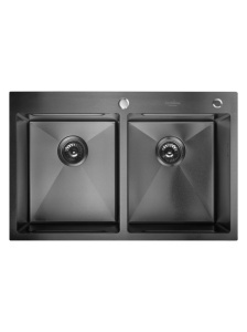 SET Chiuveta SanDonna HD7850DR din inox handmade cu 2 cuve, dozator de sapun, tavita de scurgere + Baterie flexibila SanDonna ANDRA - Negru-Auriu - Img 5