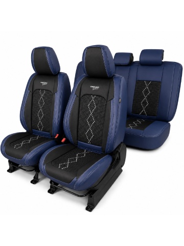 Set Huse auto premium 5 locuri Deluxe piele ecologică perforată și textil - negru - albastru închis