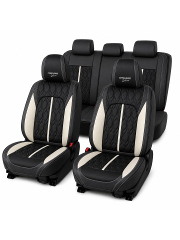 Set huse auto universale premium, 5 locuri, Deluxe, piele ecologică perforată, negru cu alb