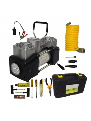 Compresor auto 12V Lider, 2 cilindri, include trusă, lanternă și 7 accesorii