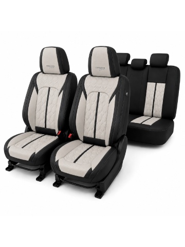 Set huse auto universale premium, 5 locuri, Deluxe, piele ecologică perforată, negru cu crem