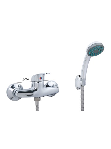 Baterie sanitară pentru duș, monocomandă, cromată, 15 cm - Set complet cu pară și furtun