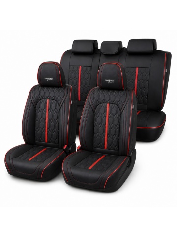 Set huse auto universale premium, 5 locuri, Deluxe, piele ecologică perforată, negru cu roșu