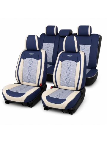 Set Huse auto premium 5 locuri Deluxe piele ecologică perforată și textil - albastru - alb
