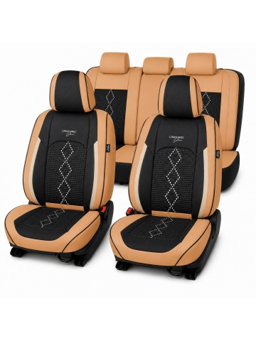 Set Huse auto premium 5 locuri Deluxe piele ecologică perforată și textil - maro caramel