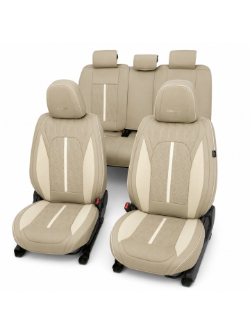 Set huse auto universale premium, 5 locuri, Deluxe, piele ecologică perforată, maro deschis cu crem