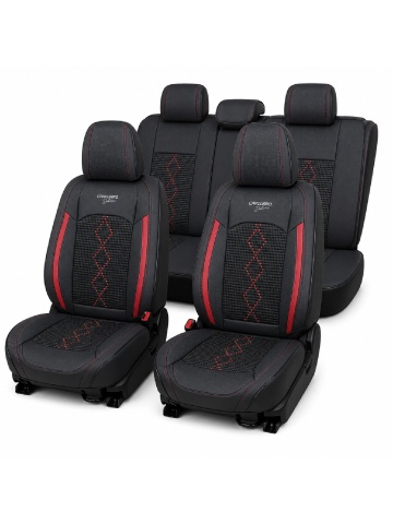 Set Huse auto premium 5 locuri Deluxe piele ecologică perforată și textil - negru - rosu închis