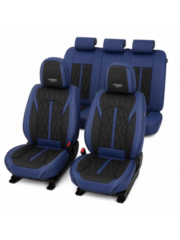 Set huse auto universale premium, 5 locuri, Deluxe, piele ecologică perforată, albastru închis cu negru