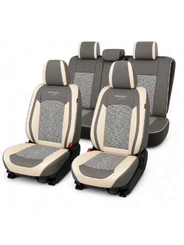 Set Huse auto premium 5 locuri Deluxe piele ecologică perforată și textil - gri deschis - gri inchis