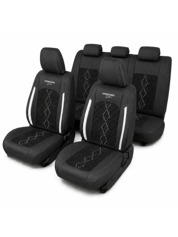 Set Huse auto premium 5 locuri Deluxe piele ecologică perforată și textil - negru - alb