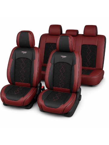 Set Huse auto premium 5 locuri Deluxe piele ecologică perforată și textil - roșu închis - negru