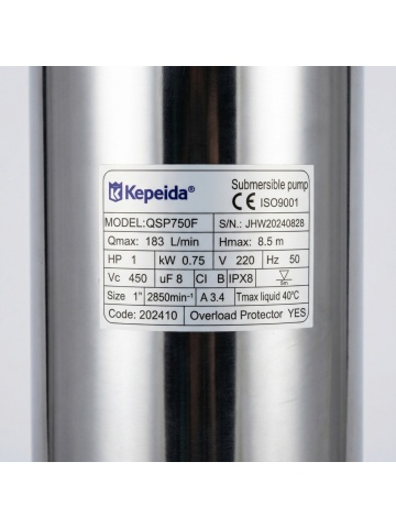 Pompa Submersibilă Kepeida Italy QSP750F, 1 HP, Debit 185 L/min, Înălțime 10 m, Oțel Inoxidabil, Cu Flotor, Bobinaj Cupru - Img 3