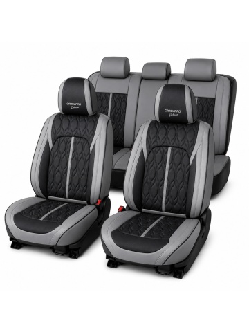 Set huse auto universale premium, 5 locuri, Deluxe, piele ecologică perforată, gri cu negru