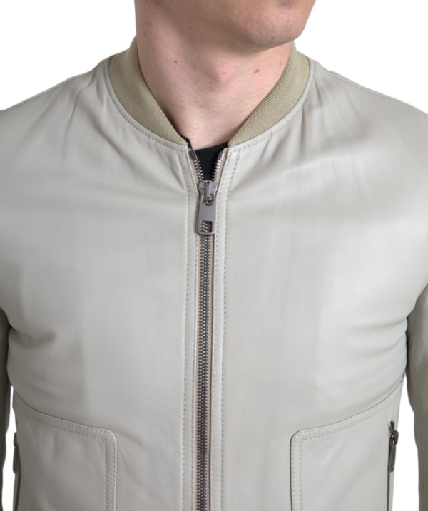 Jacheta bomber din piele crem cu fermoar integral