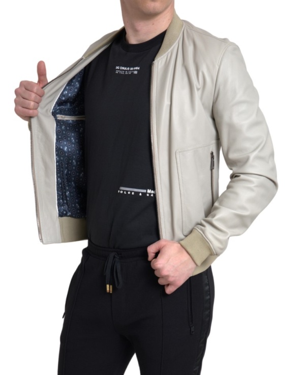 Jacheta bomber din piele crem cu fermoar integral
