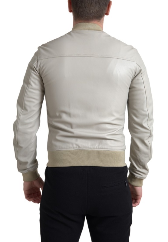 Jacheta bomber din piele crem cu fermoar integral