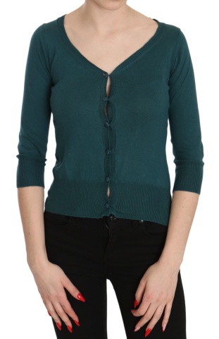 Bluză cardigan din bumbac albastru-verde cu mâneci 3/4