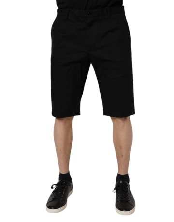 Pantaloni scurți bermuda din bumbac elastic, negri, cu talie medie