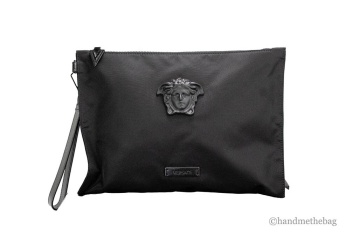 Geantă de mână convertibilă Versace din țesătură de nailon negru, cu motiv Medusa