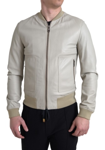 Jacheta bomber din piele crem cu fermoar integral