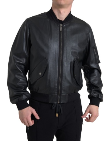 Jacheta bomber din piele neagră cu fermoar integral