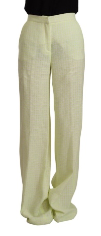 Pantaloni lungi, drepți, din bumbac, de culoare galben-verde, cu talie înaltă
