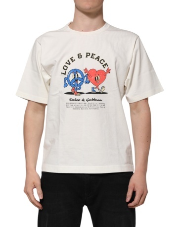 Tricou alb pentru bărbați din bumbac Love Peace, cu guler rotund