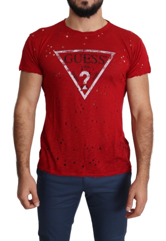 Tricou casual pentru bărbați, din bumbac roșu, cu logo imprimat și perforat