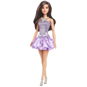 Barbie Fashionistas Papusa Barbie Bruneta Cu Rochie Mov Si Colier - Img 2
