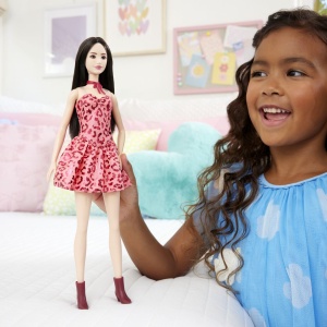 Barbie Fashionistas Papusa Barbie Bruneta Cu Rochie Leopard Roz - Img 3