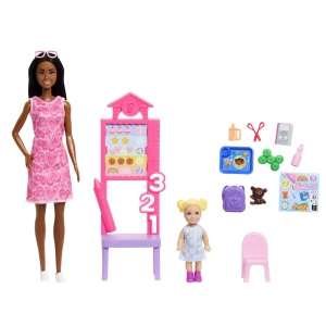 Barbie Set De Joaca Papusa Barbie Bruneta Mulatra Face Cariera Profesoara - Img 3