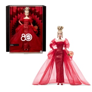 Barbie Signature Aniversare 80 De Ani Papusa Barbie Blonda Cu Rochie De Bal Rosie - Img 9
