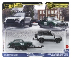 Hot Wheels Transportator Land Rover Defender 110 2023 Cu Masinuta Jaguar Mk1 Scara 1 La 64