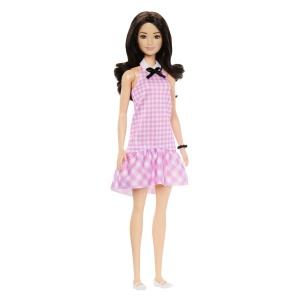 Barbie Papusa Barbie Fashionistas Bruneta Cu Rochie Roz In Carouri - Img 2