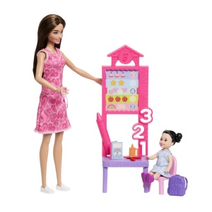 Barbie Set De Joaca Papusa Barbie Bruneta Cu Rochie Roz Face Cariera Profesoara - Img 6